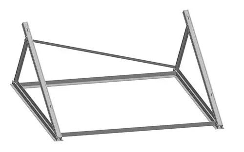 Flachdachgestell aus Metall zur Montage eines Kollektors von Daikin. Das Gestell hat eine geradlinige Konstruktion mit diagonalem Verstrebungen zur Stabilität.